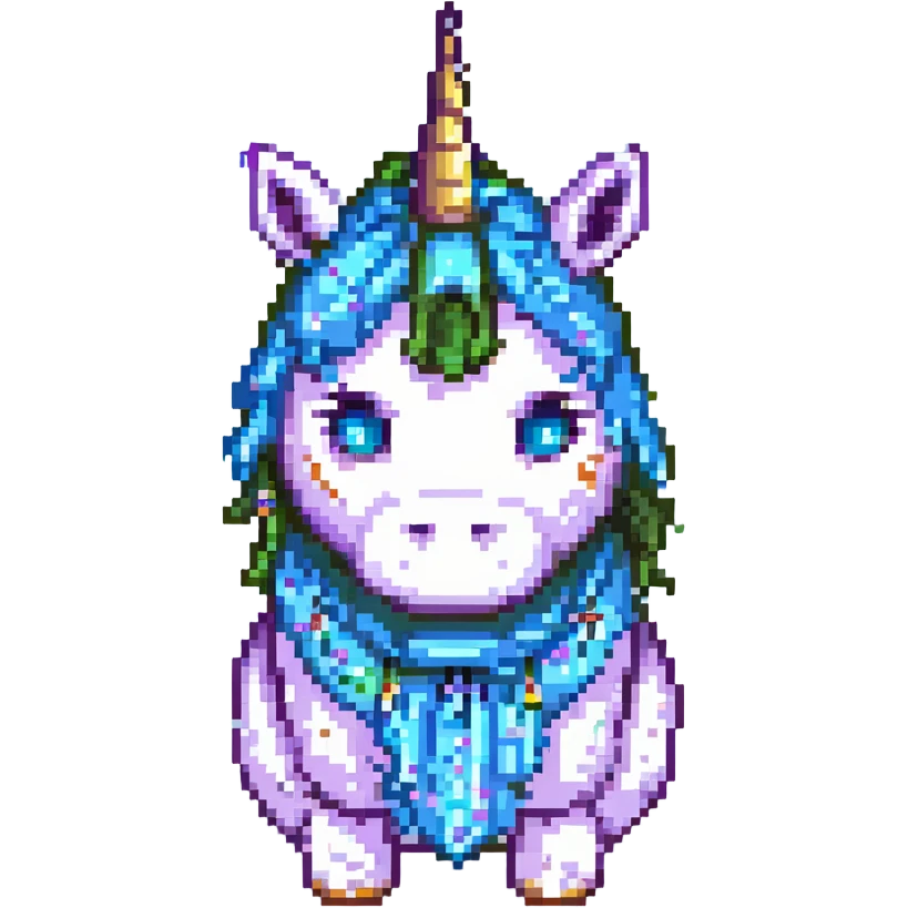 a disgusting, rumpled unicorn with bags under his eyes and a drooping horn, in a pixel art style emoji