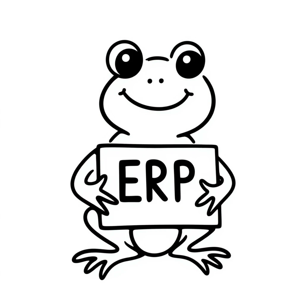 frog holding a sign that says ERP, hand-drawn doodle style emoji