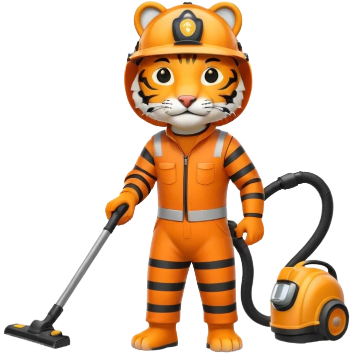 Tiger with a helmet on standing up vacuuming  emoji