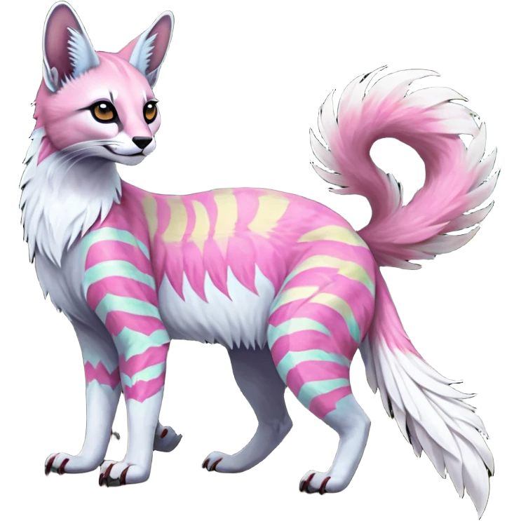 Colorful dark tropical feathery tribal pale light fruity pastel white glorious iridescent divine exotic cute albino neon vibrant spooky evil zigzagged cool beautiful beautiful fantasy-caracal-civet-genet-sergal-vernid-Gryphon-Cacomistle-Trico-oncilla-animal-Fakémon-hybrid-fursona (full body) emoji