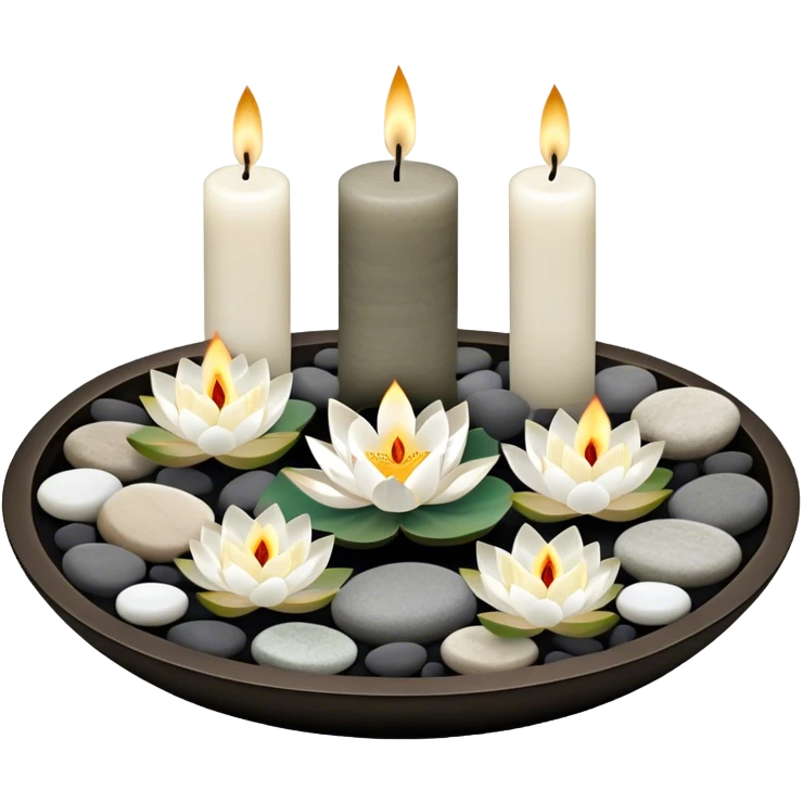 A photorealistic icon featuring lotus flowers, burning incense sticks, smooth round sea stones, and multiple small round candles arranged in a calming, tranquil setting. Soft, peaceful colors with detailed textures that evoke mindfulness and inner peace. Transparent background. emoji
