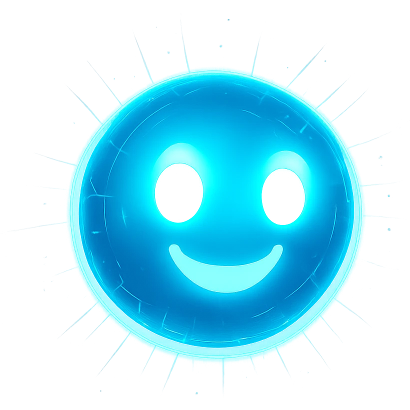 glowing AI orb with a cheerful expression, digital style emoji