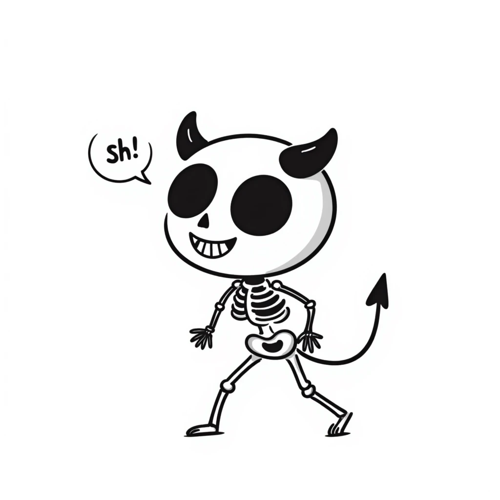 devil skeleton saying 'sh', expressive, clear pose, hand drawn doodle style emoji