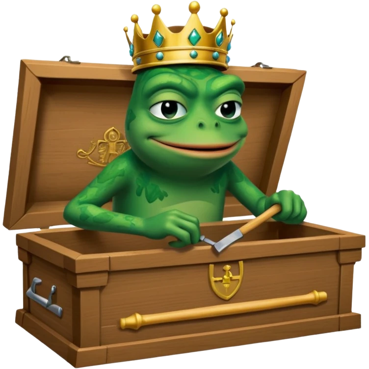 Emoji of an empty wooden coffin with its lid on top, the word ‘ECHO’ carved into the side panel. The coffin is shown from the outside. A king-like Pepe the Frog, standing outside the coffin, is hammering nails into the lid to seal it shut. No character is inside the coffin. Not a treasure chest. emoji