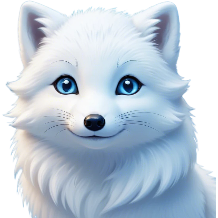 Cinematic Cute Arctic Fox Portrait Emoji, Head tilted playfully and inquisitively, featuring a silky, pure white Fur with delicate hints of icy blue on the ears and muzzle, round, sparkling eyes filled with curious charm, Simplified yet irresistibly adorable features, highly detailed, glowing with a warm, friendly glow, high shine, affectionate and spirited, stylized with a touch of frosty whimsy, bright and endearing, soft glowing outline, capturing the essence of a mischievous yet loving arctic fox, so playful it feels like it could frolic out of the screen and into your arms! emoji