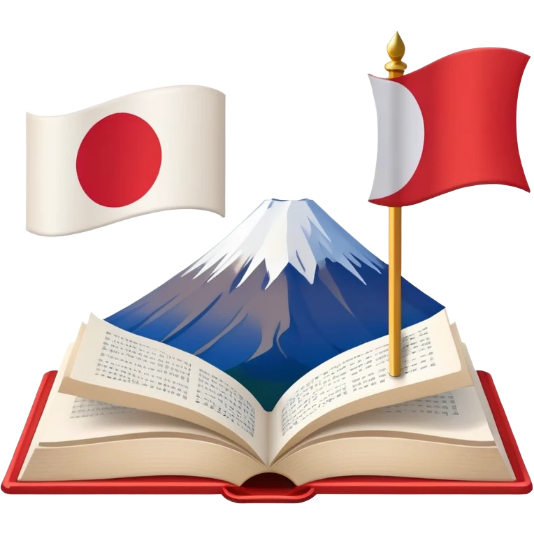 An icon featuring Mount Fuji and the flag of Japan, symbolizing the Japanese language. The design includes an open book with Japanese text, representing language learning and cultural heritage. Transparent background . emoji
