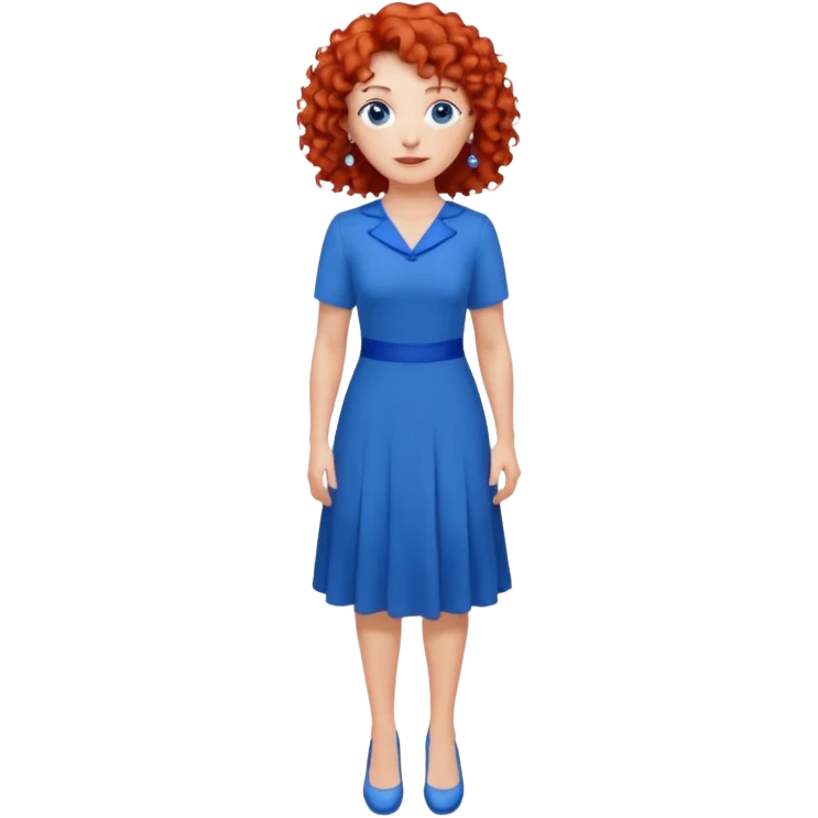 una profesora mayor simpática con el pelo rojo rizado, ojos azules, vestido azul y pendientes azules hablando altura completa emoji