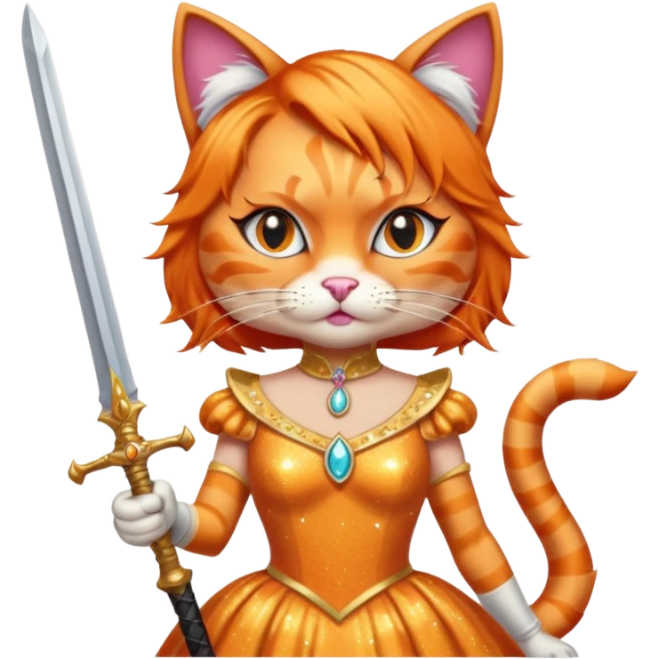 orange cat in drag queen attire dramatic eyelashes sparkling dress wielding a sword emoji