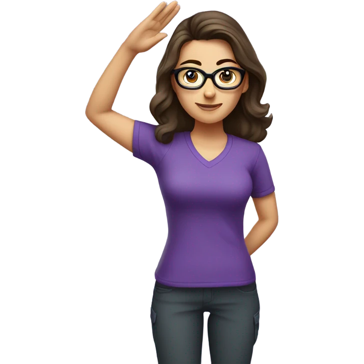 a caucasian brunette female, wearing a purple t-shirt and glasses, making the military salute gesture emoji
