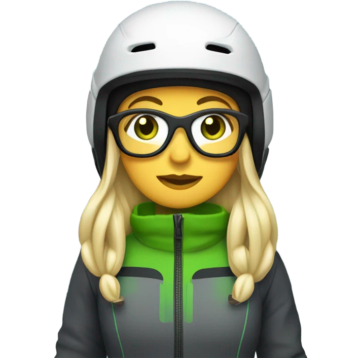 Green-eyed, fat female skier with long straight blonde hair, glasses, white ski helmet, grey snow jacket, long black pants, black only snow boots standing tall. emoji