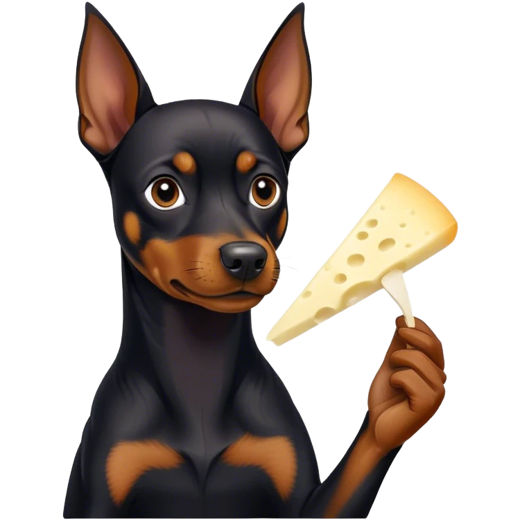 A black German pinscher eating a pièce of string cheese emoji