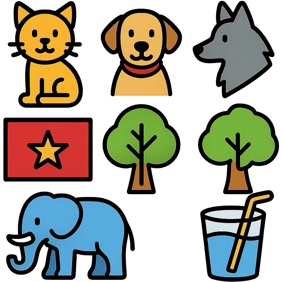 cat, dog, wolf, Vietnam flag, tree, elephant, and a glass all together in lineal color icon with black outlines style emoji