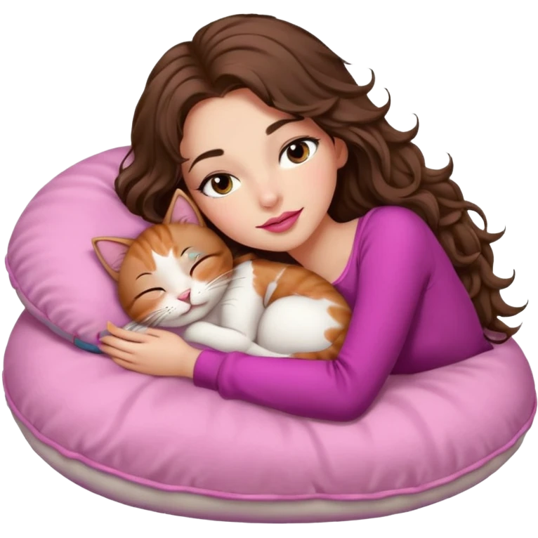 girl with long wavy brown hair, brown eyes, long lashes makeup, sexy pink lips, sleeping on a cozy pillow with 6 cats emoji