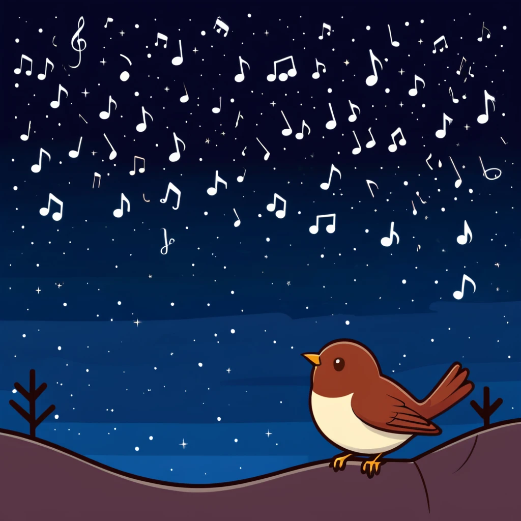 a nightingale bird singing with musical notes visible, flying against a dark starry night sky emoji