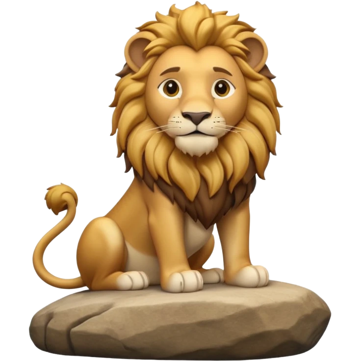 A 3D cartoon lion with a golden mane, sitting proudly on a rock, calm smile, smooth fur, bright warm sunlight, friendly but majestic look, Memoji-style. emoji