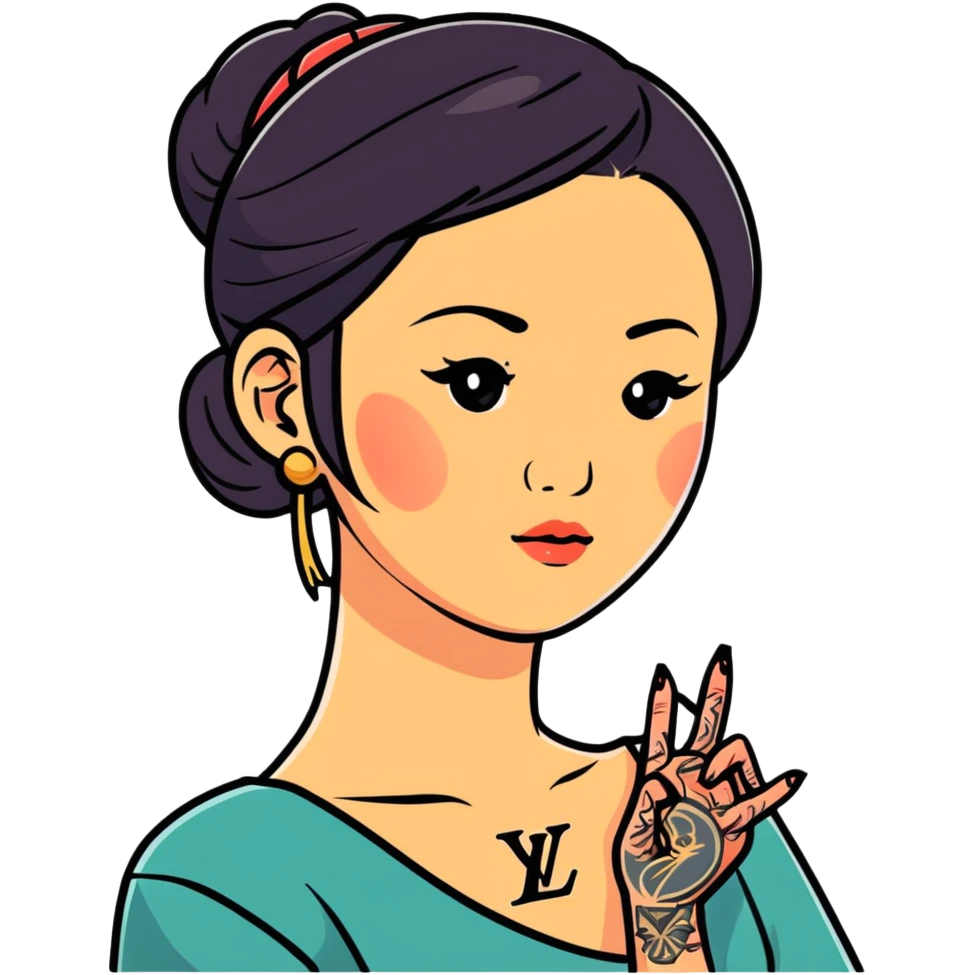 Asian woman with LV tattoo on left cheek emoji