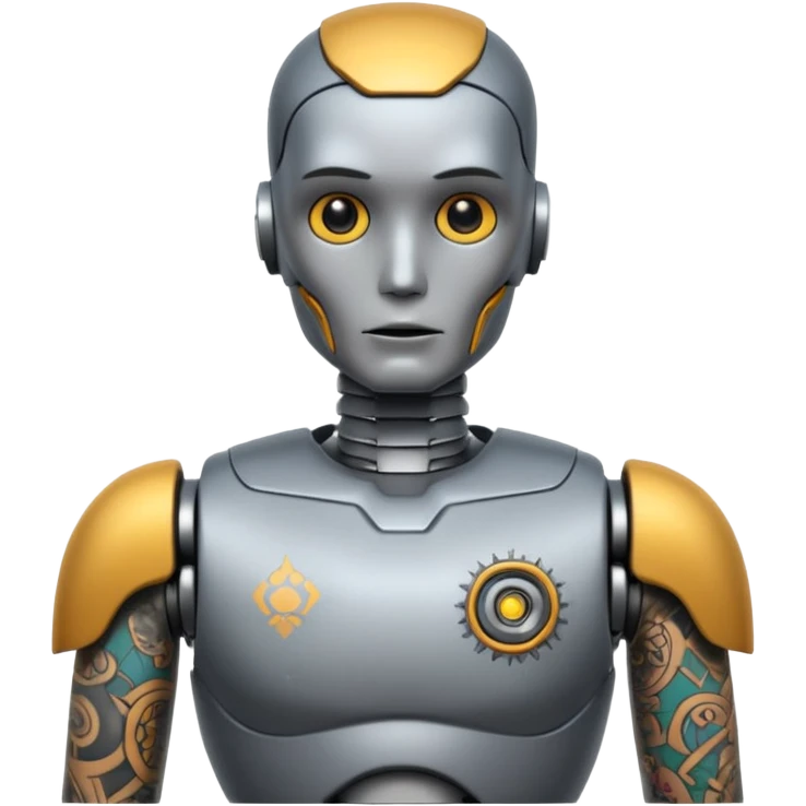 gray Tatooed robot, big many tatooes on chest, neck and face emoji