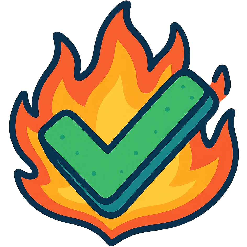 checkmark with fire, playful cartoon style emoji