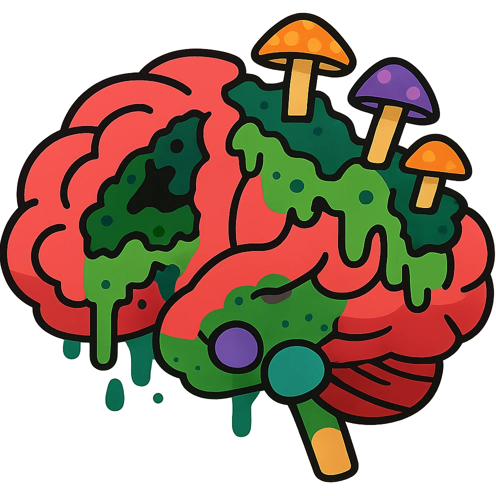 brain with parts missing, showing rot and fungus, exaggerated and colorful emoji
