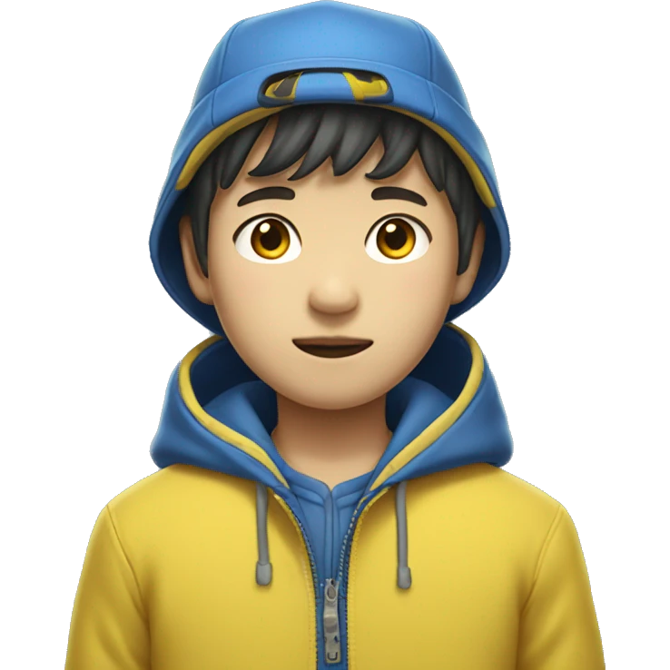 korean boy in yellow cap wearing blue unbuttoned jacket  emoji