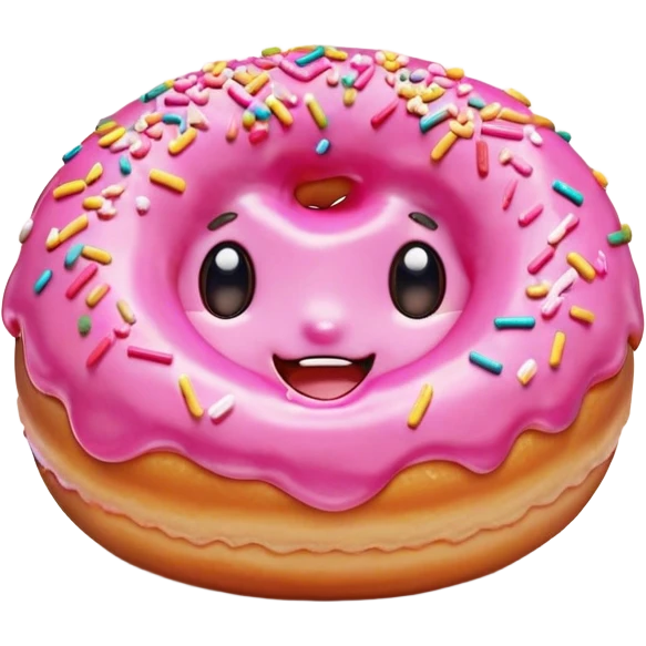 Cinematic tiny happy donut, round and fluffy, golden brown with pink icing and sprinkles, tiny adorable face with blushing cheeks, warm glowing background. emoji