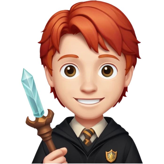 Ron Weasley with wand, smiling, red hair emoji