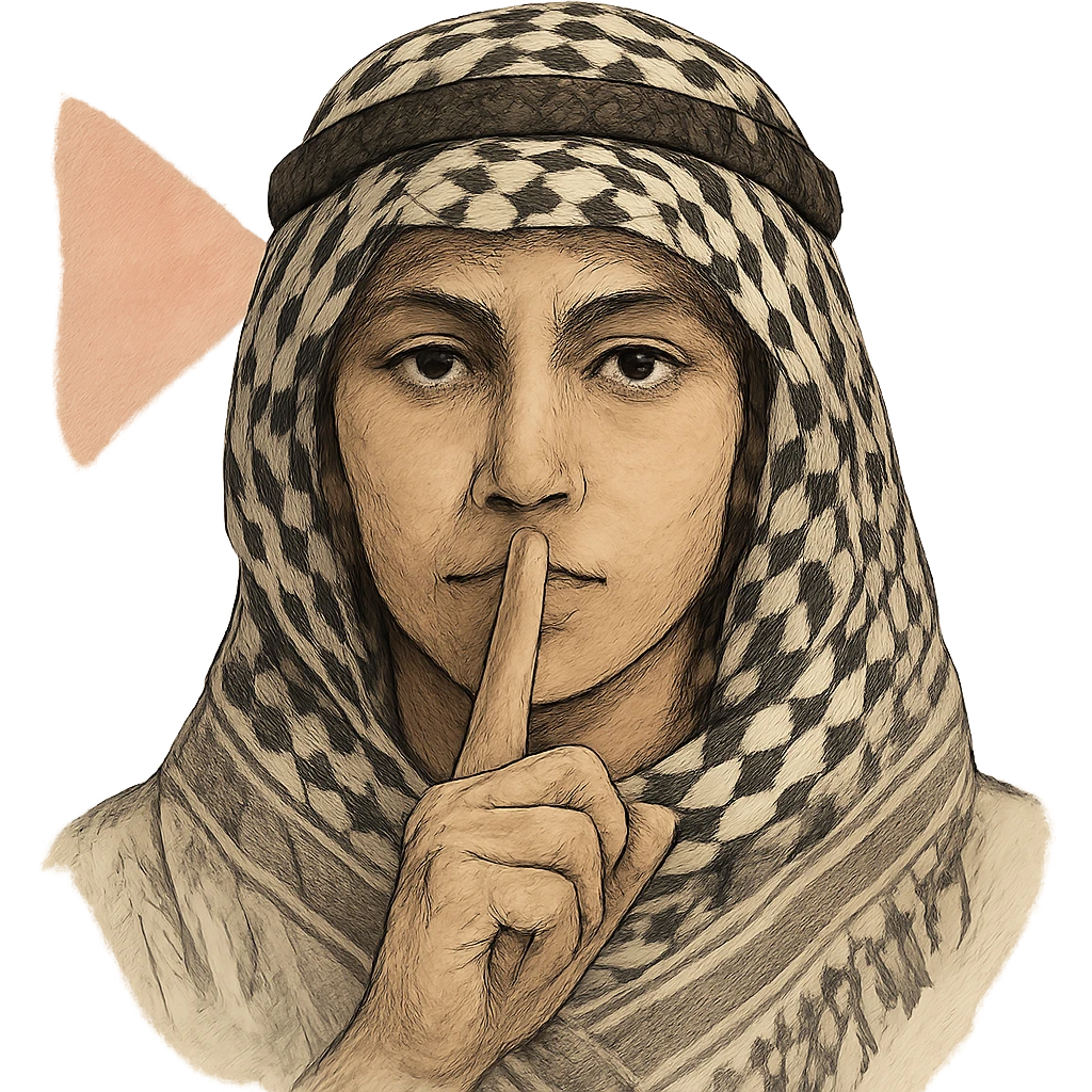 a person with a finger to their lips for silence, wearing a traditional Palestinian kufiya, and a faint Palestinian flag motif in the background, subtle, artistic emoji