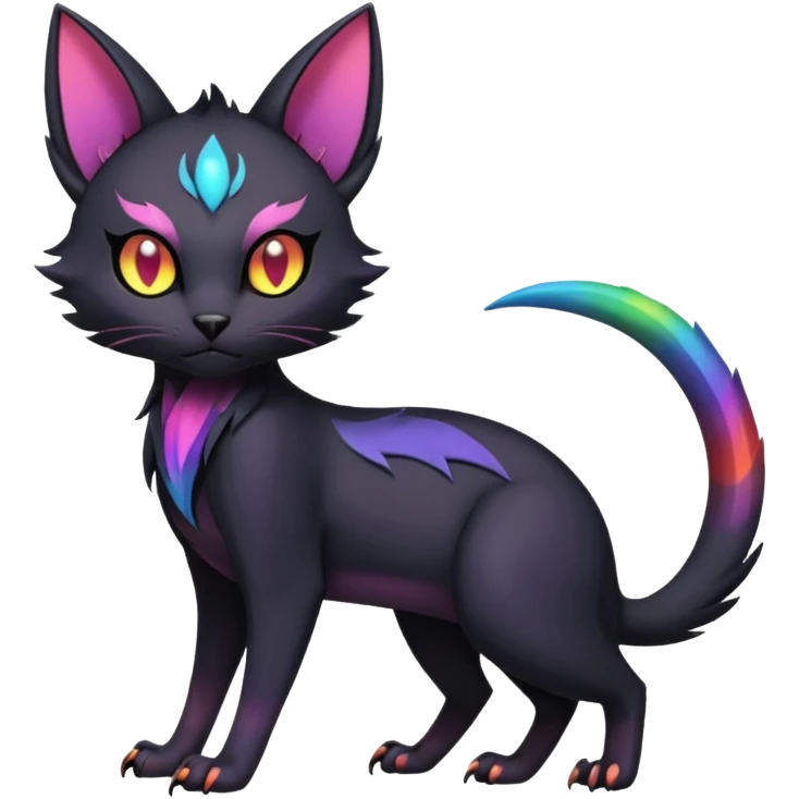 Obsidian-pitch-Black with rainbow-markings edgy Noibat-Purloin-Torracat-Lykoi-Caracal-cat-Fakemon-fusion-hybrid-creature emoji