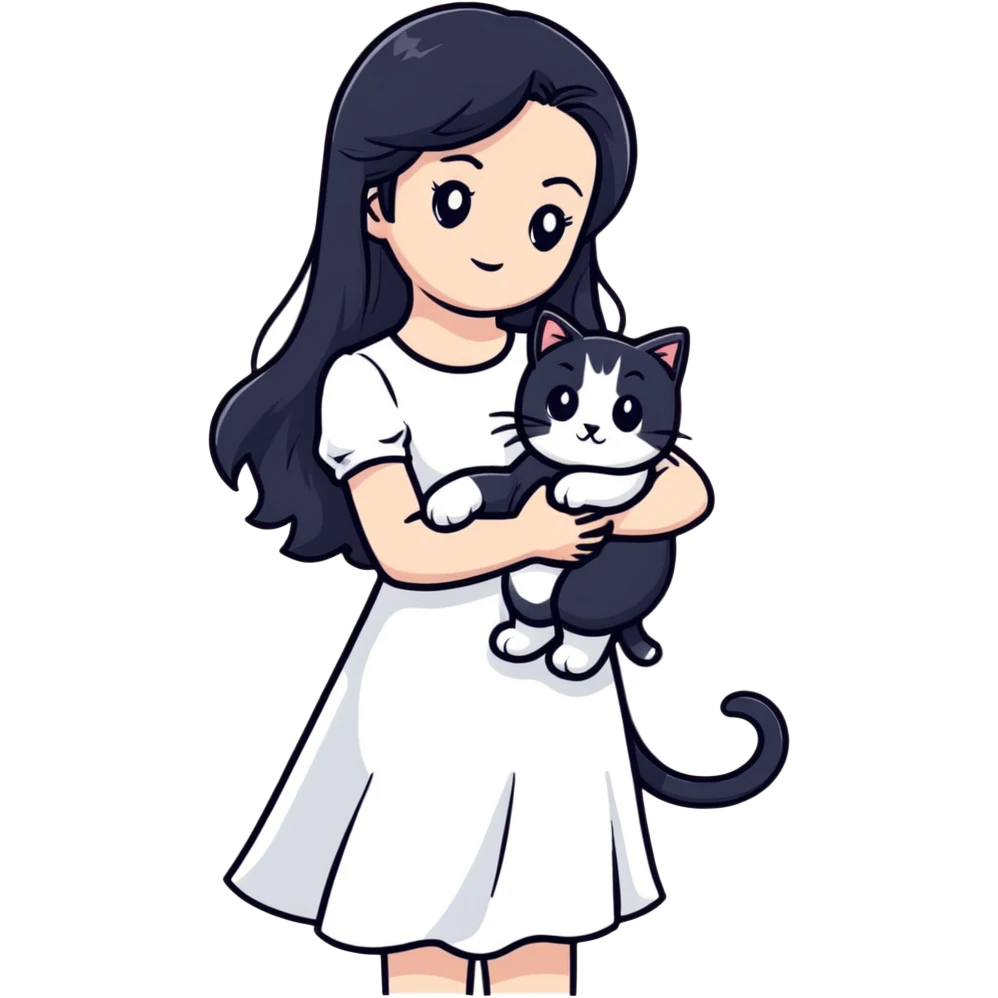 beautiful girl with long black hair wearing a white dress holding a cat in her arms emoji