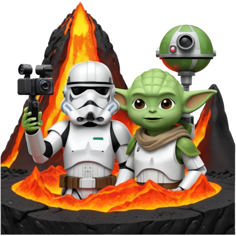 stormtrooper and Yoda posing for a selfie on a lava planet, camera POV emoji