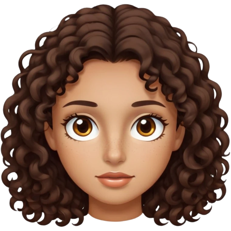 Dark brown hair, brown eyes, light freckles, tanned skin, long eyelashes, small lips, and medium-length curly hair. emoji