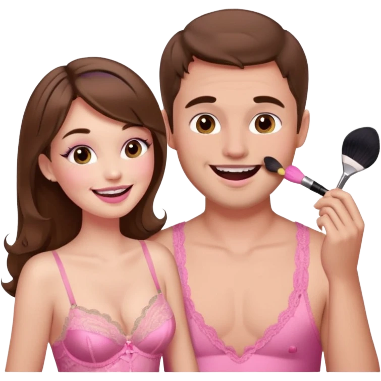 brown hair male getting sissified in pink lingerie dress by his wife. the wife is laughing. she is doing makeup emoji