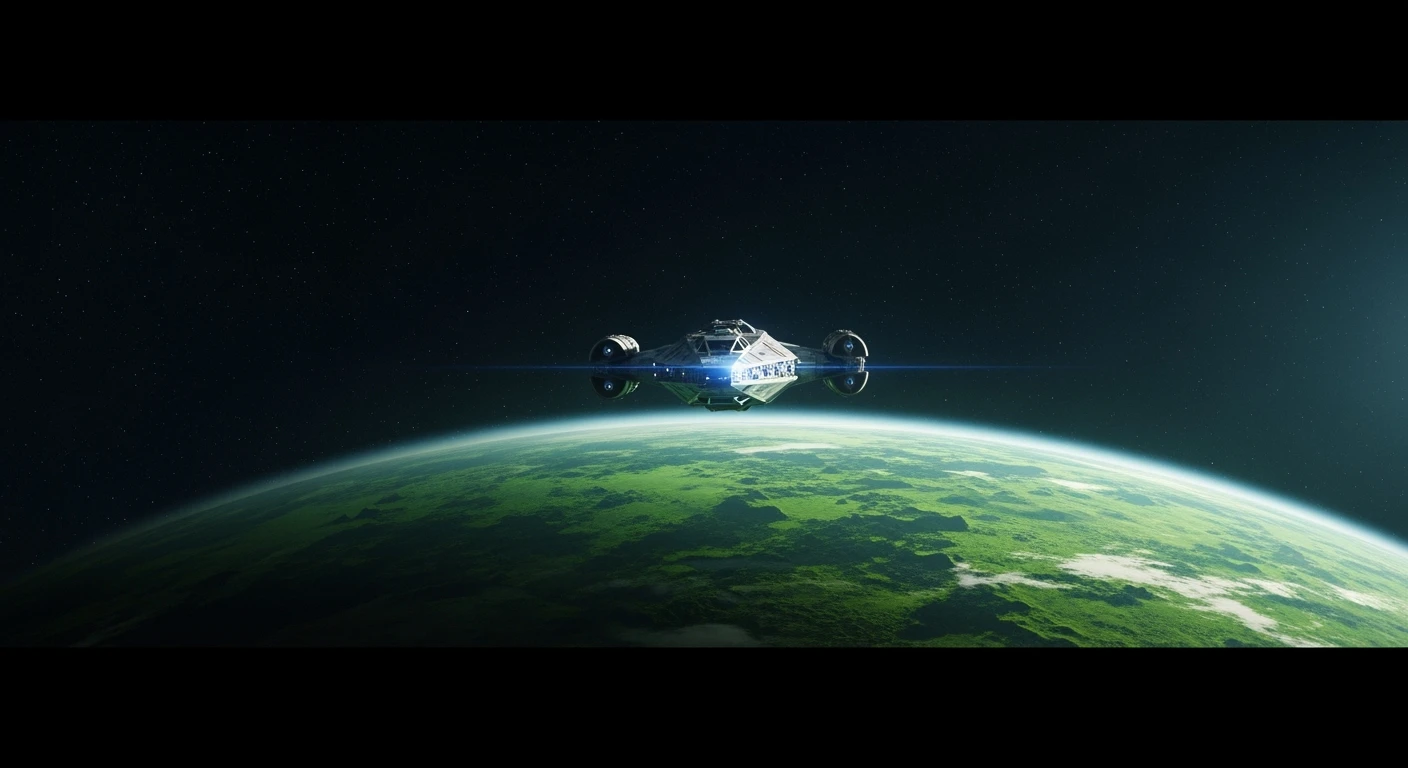cinematic still, entire globe green planet, single starship coming to planet, inspired by StarWars movie, captured by arri alexa  emoji