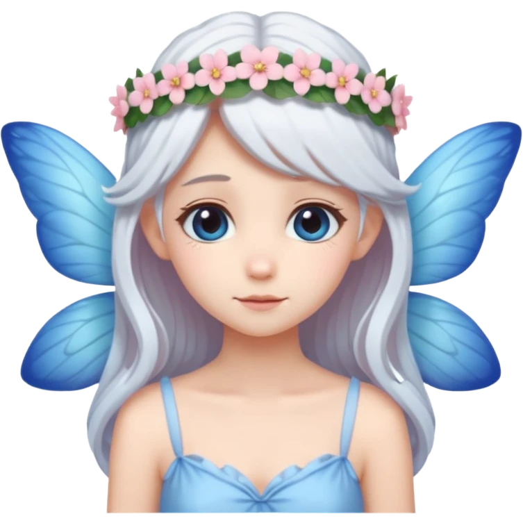 A shy white hair fairy with soft blue wings with flower smallcrown emoji