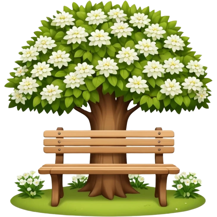 beautiful bench against the background of a tree with blooming white flowers emoji