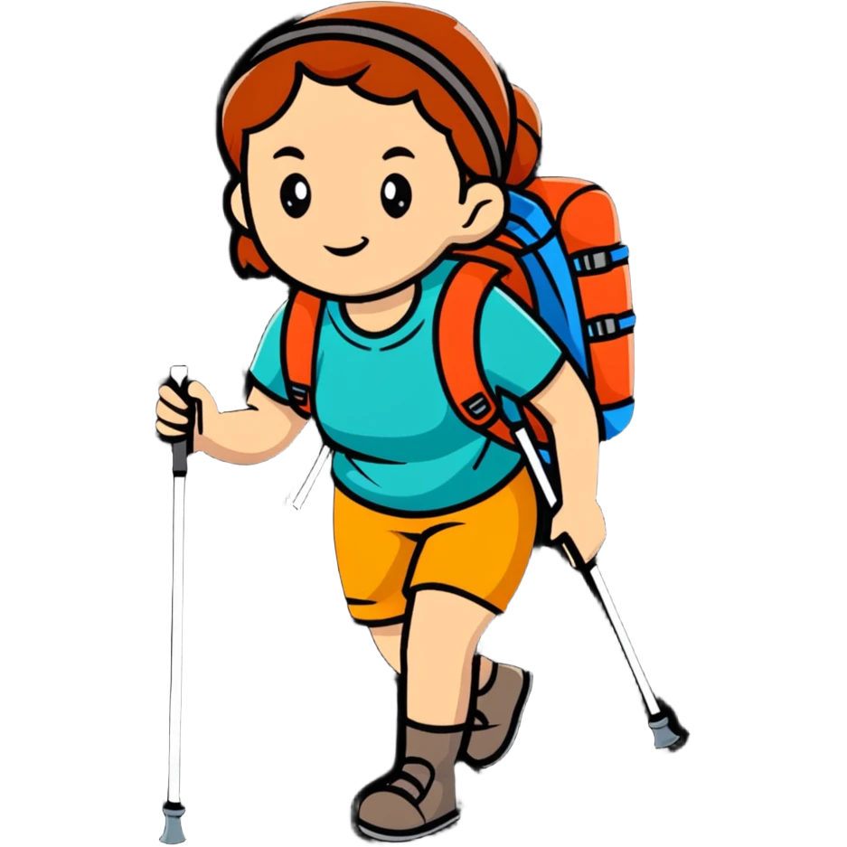 female hiker with backpack and hiking poles emoji