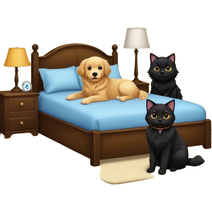 golden retriever and black cat in a bedroom emoji