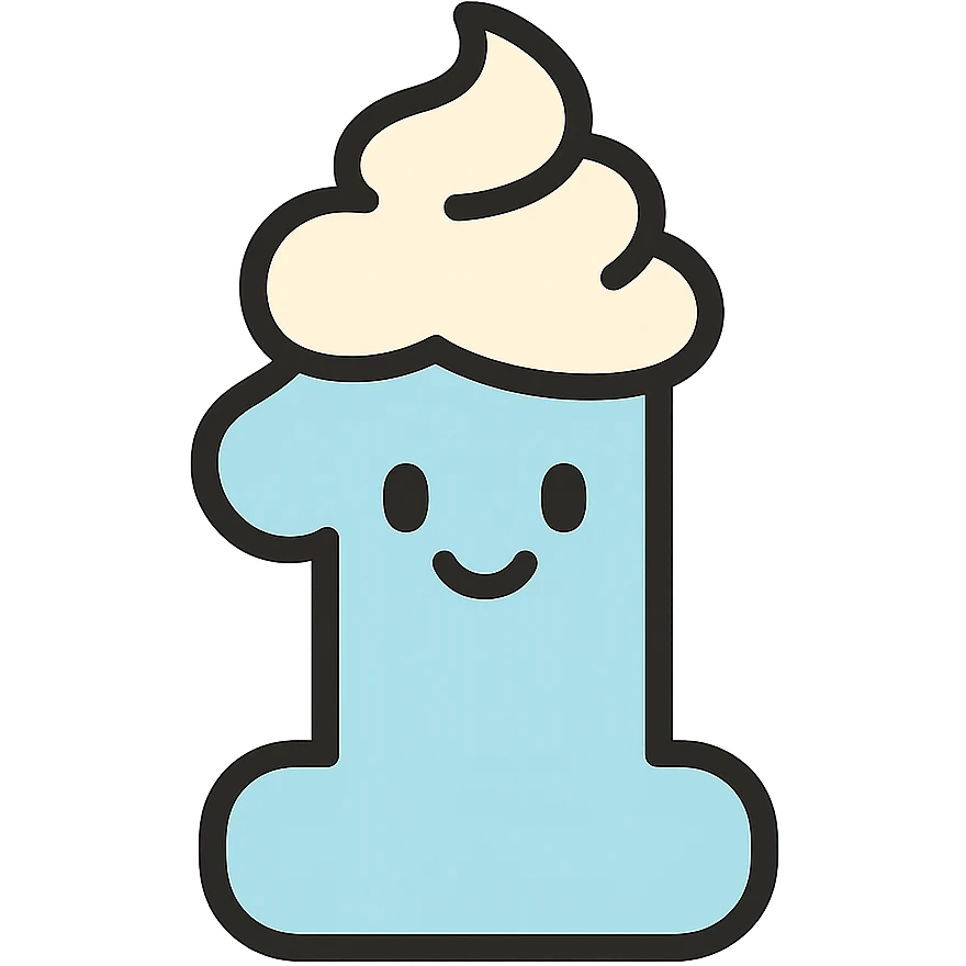 Cute number 1 emoji with whipped cream top, softcore aesthetic, pastel blue and beige colors, smiley happy face emoji