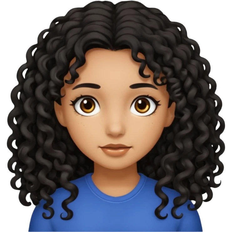 A girl with black long curly hair dark brown eyes brown skin colour. emoji