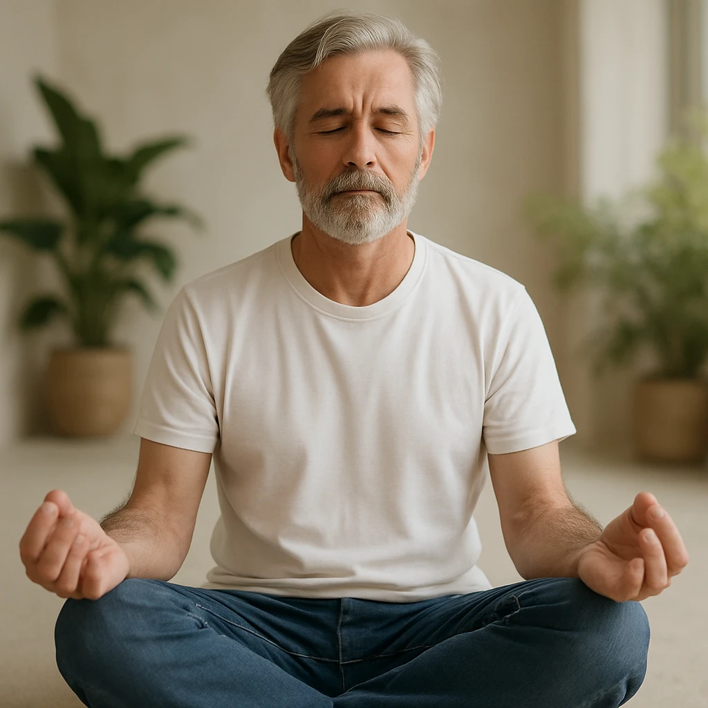 white man with grey hair and beard, meditating pose, white t-shirt, blue jeans, calm setting emoji