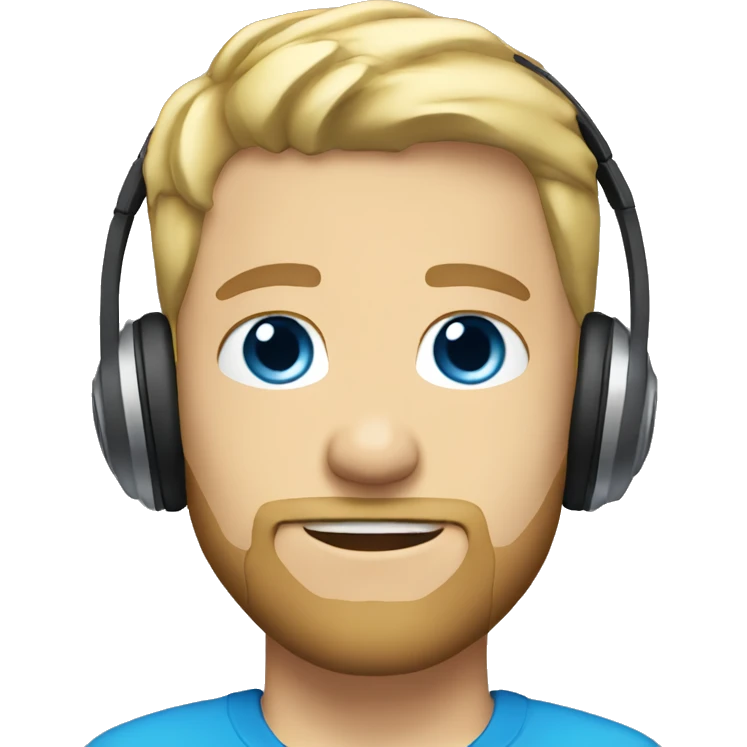 short blond hair, short beard, blue eyes, headphones, white skin emoji