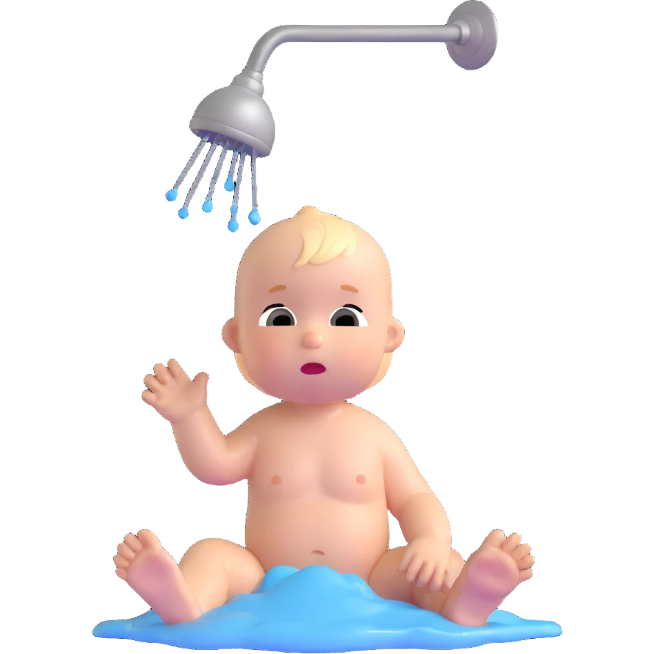 baby reaching out, tears streaming, showerhead in background emoji
