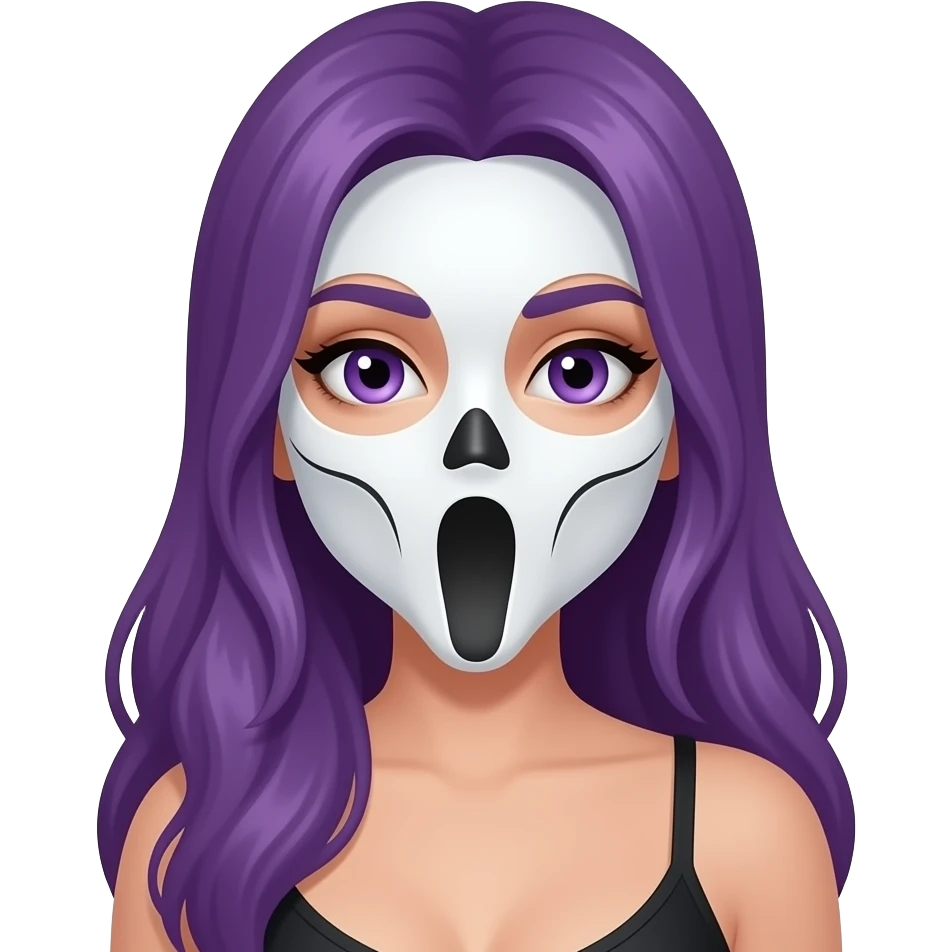 sexy girl with long purple hair and purple eyes wears a ghostfacemask emoji