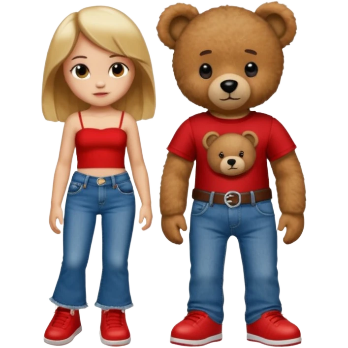 A boy and a girl teddy bear for the boy bear put on true religion shirt and jeans with black shoes and for the girl put flare jeans and a red tube top and white shoes just bears not the humans  emoji