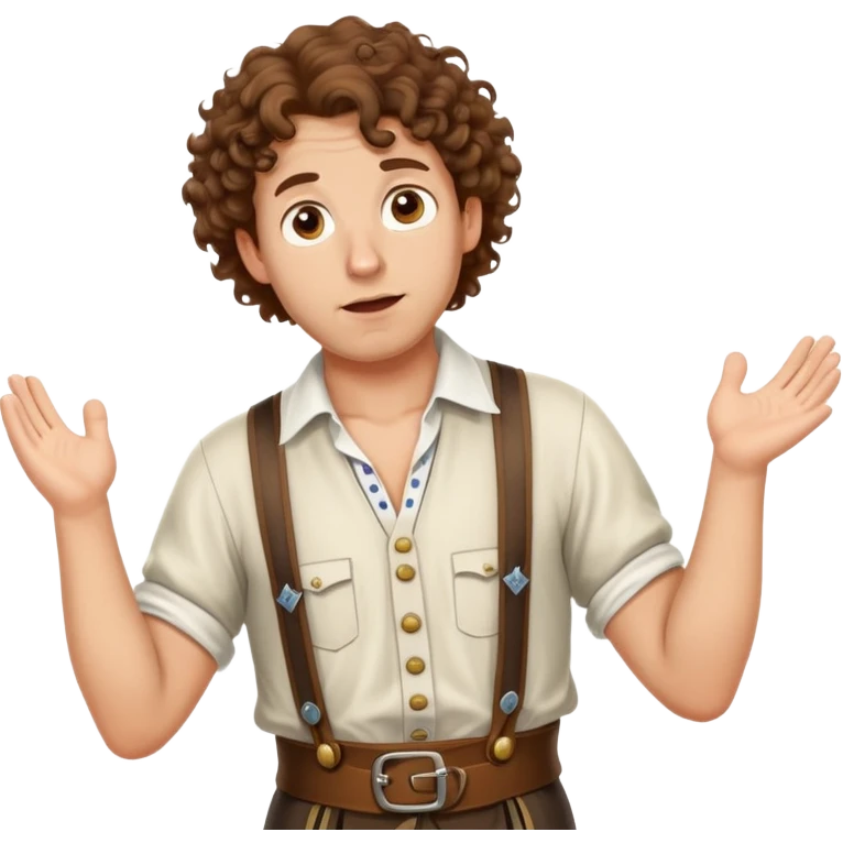German person with brown curly hair in typical Bavarian clothing (lederhosen) shrugging and looking lost emoji