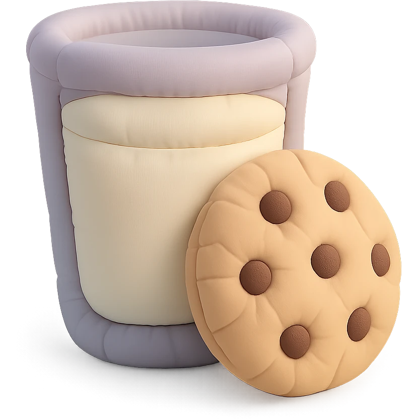 a soft and plush cushion style illustration of a glass of milk and a chocolate chip cookie, pastel colors emoji