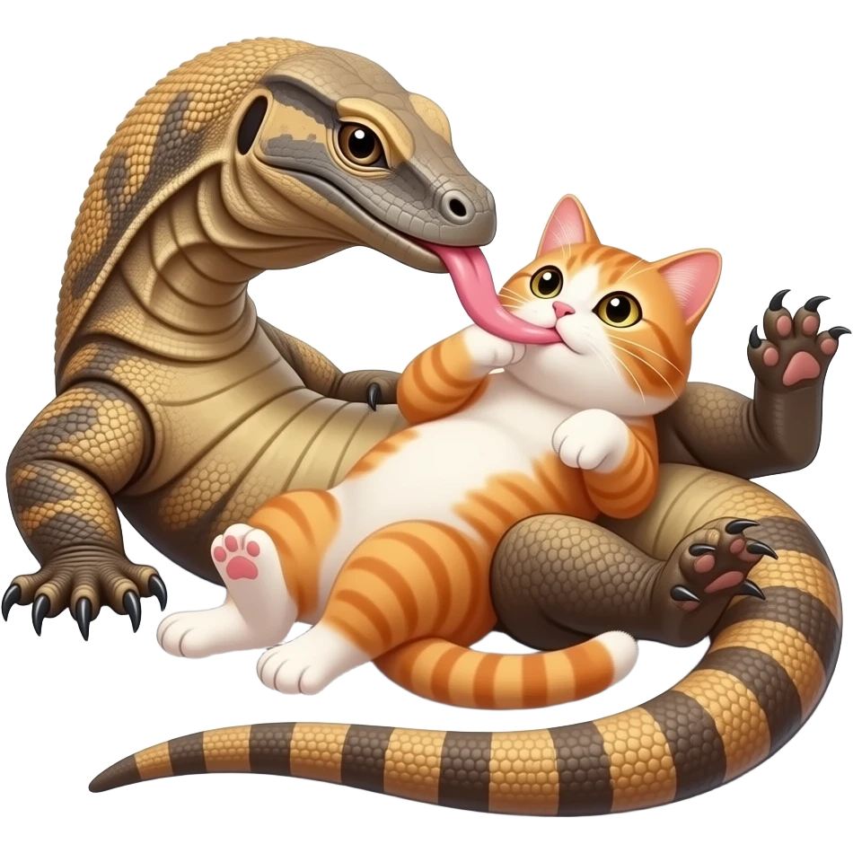 komodo dragon licking Pussy cat lying on its back emoji