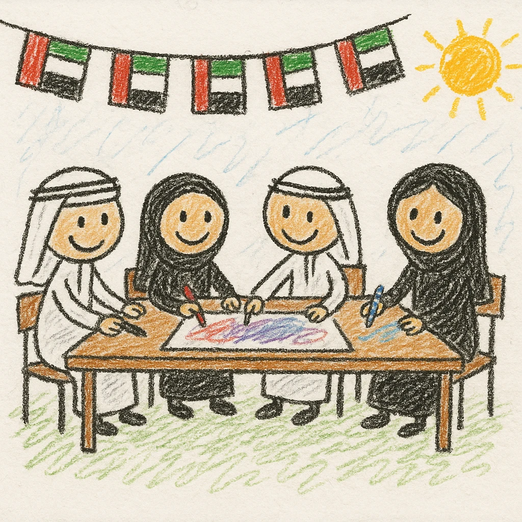 lively classroom scene with Emirati children working together at a table, UAE flag bunting hanging above, playful and colorful style for kids emoji