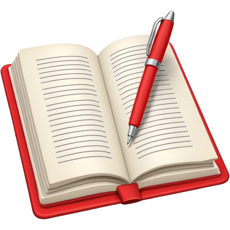 "A white open book,The pen should be positioned as placed exactly in the center between the pages.  if held by a right-handed person - meaning the direction is reversed compared to a left-handed grip. The pen should be uncapped, and the cap placed behind it." Styled with Red tape on pen emoji