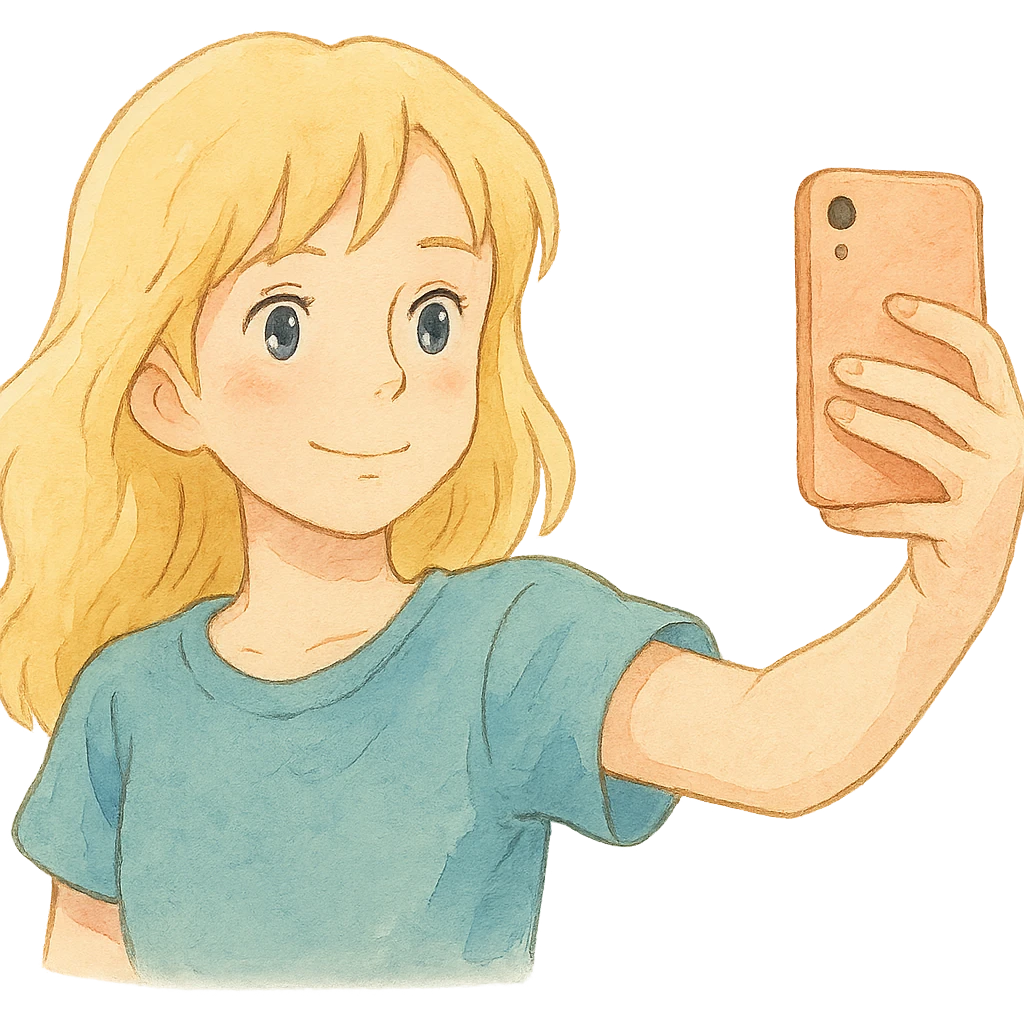 ghibli style illustration of a blonde girl taking a selfie with soft colors emoji